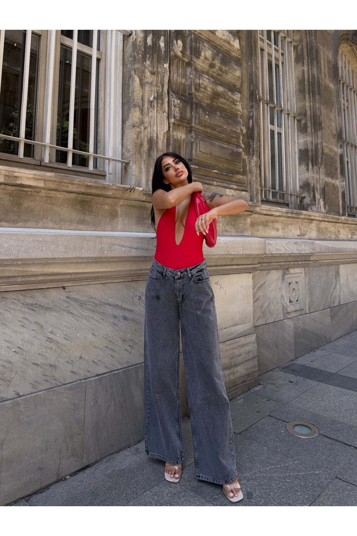 Paça Bol Antrasit Yüksek Bel Jean