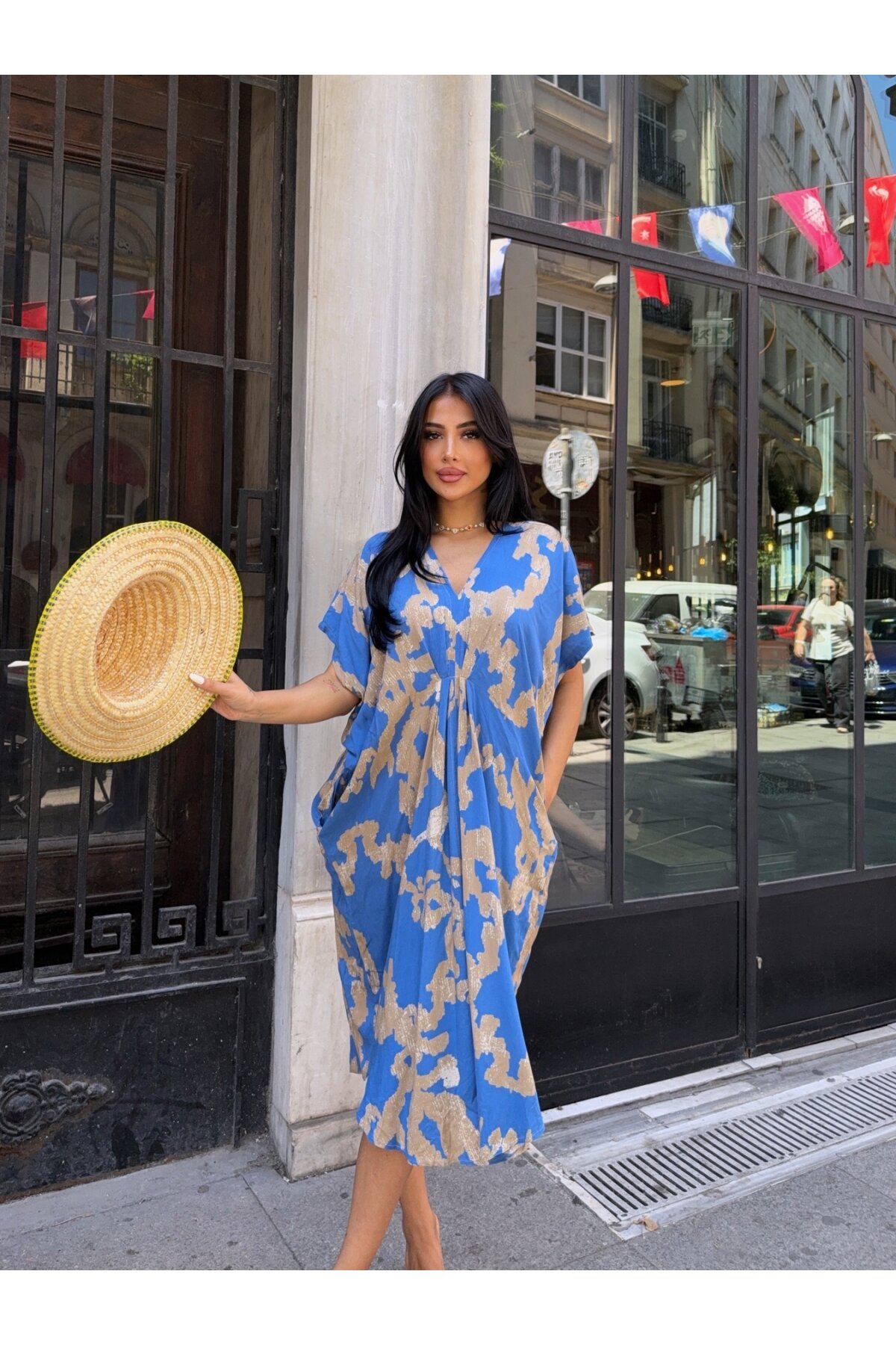 Panço Model Desenli Rahat Kalıp Viskon Elbise Mavi