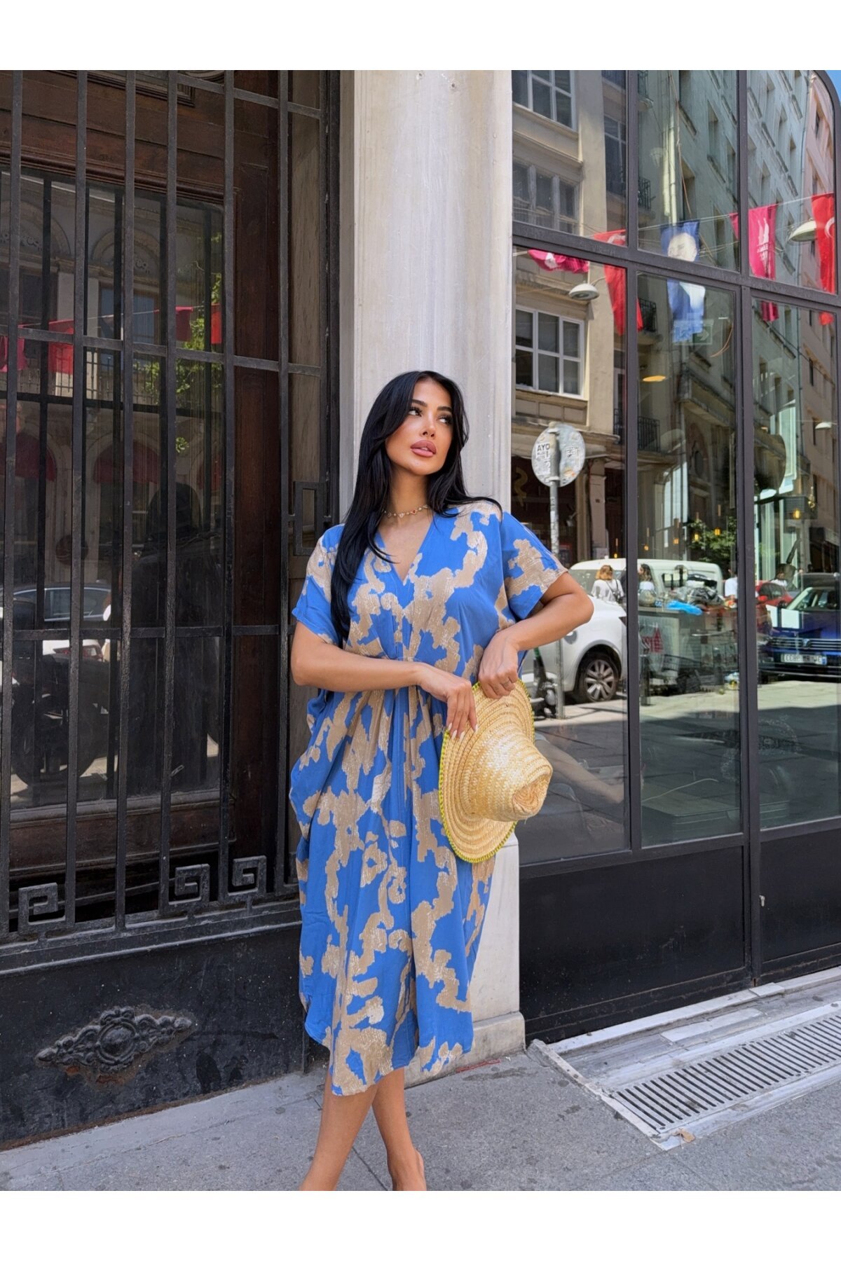 Panço Model Desenli Rahat Kalıp Viskon Elbise Mavi