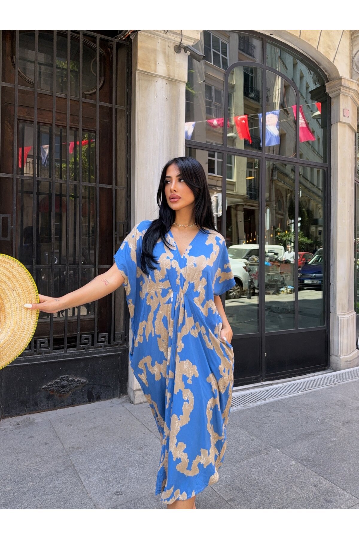 Panço Model Desenli Rahat Kalıp Viskon Elbise Mavi