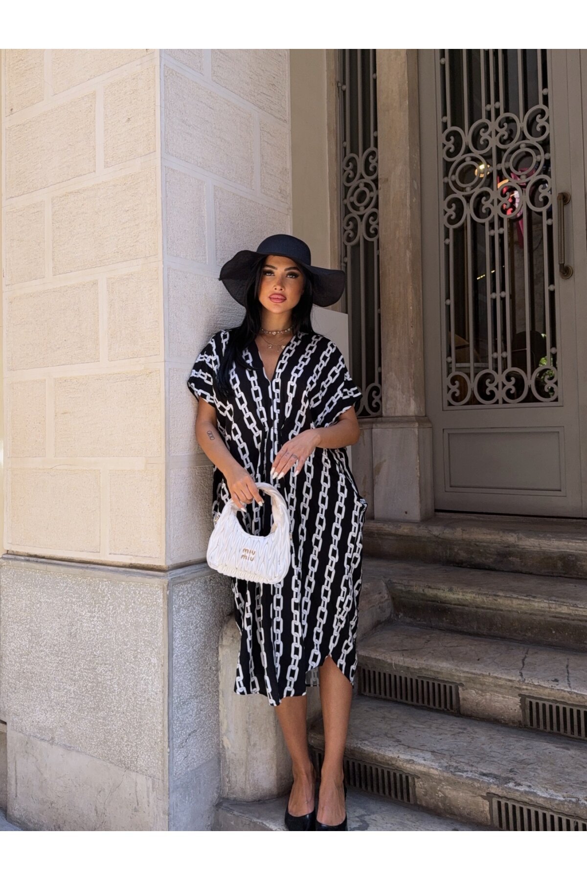 Panço Model Desenli Rahat Kalıp Viskon Elbise Siyah