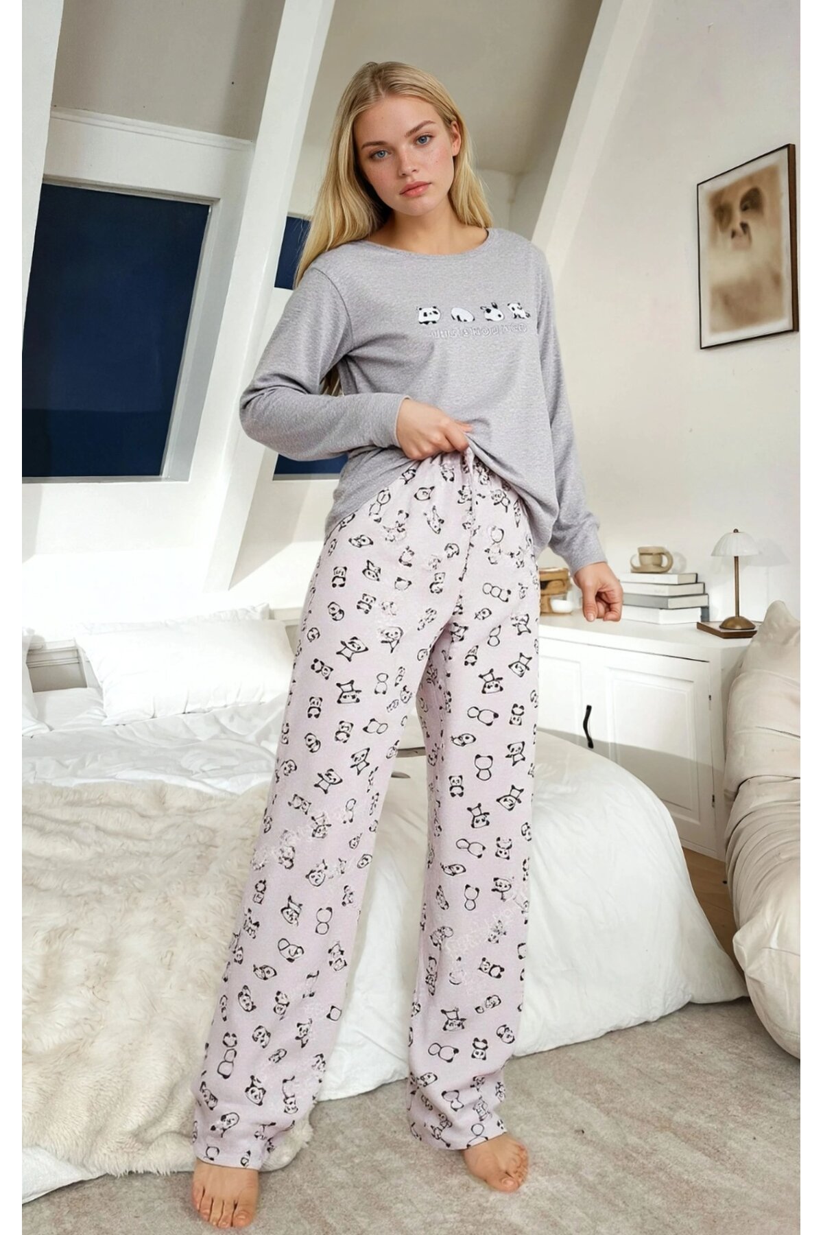 Panda Baskılı Uzun Kollu Pijama Takımı