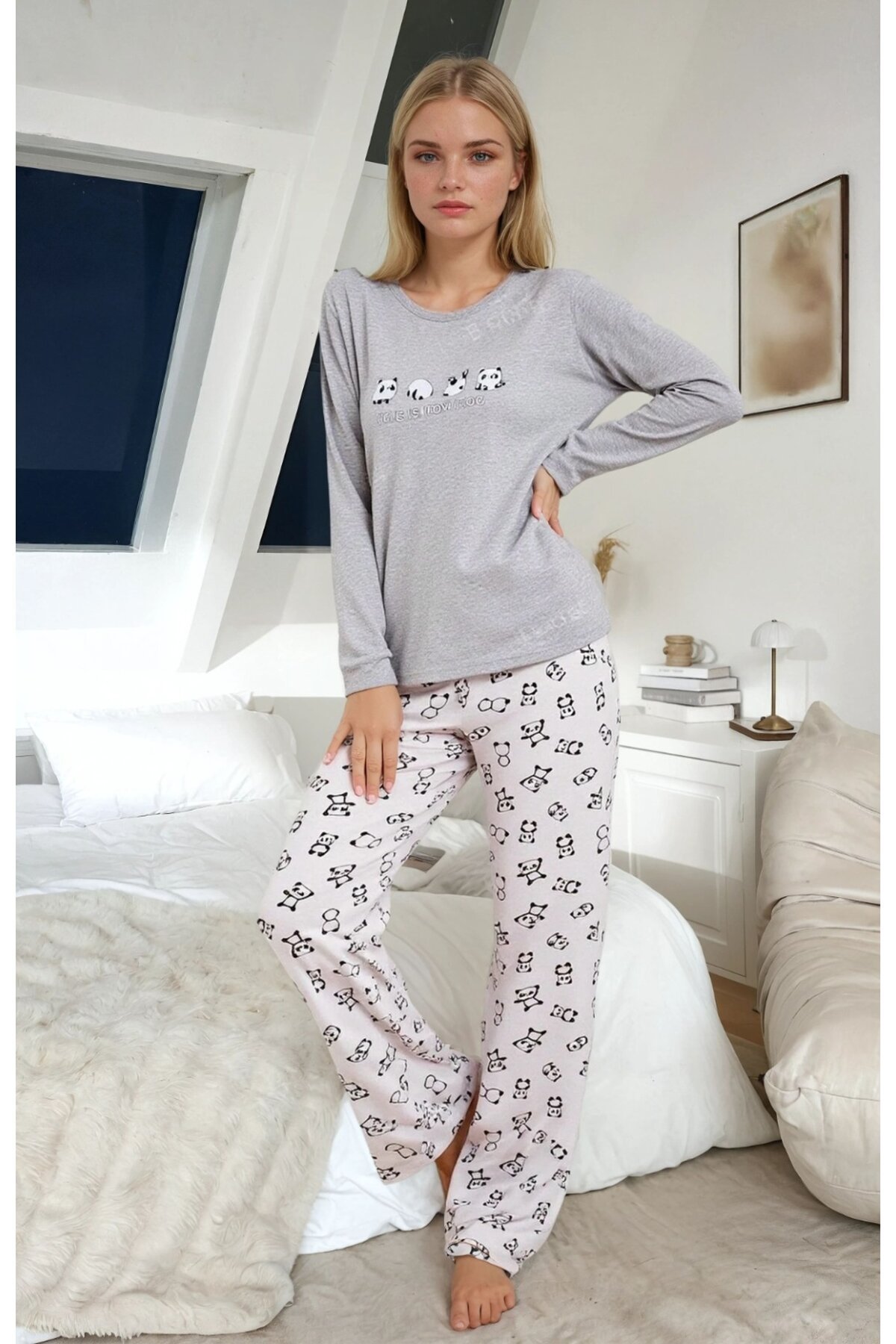 Panda Baskılı Uzun Kollu Pijama Takımı