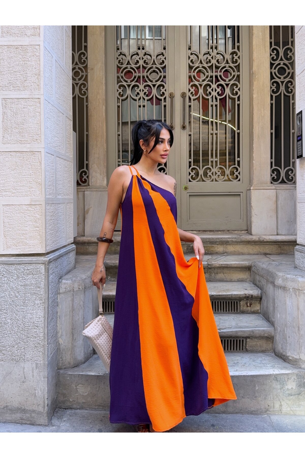 Parça Bloklu Omuz Detay Elbise Siyah Turuncu