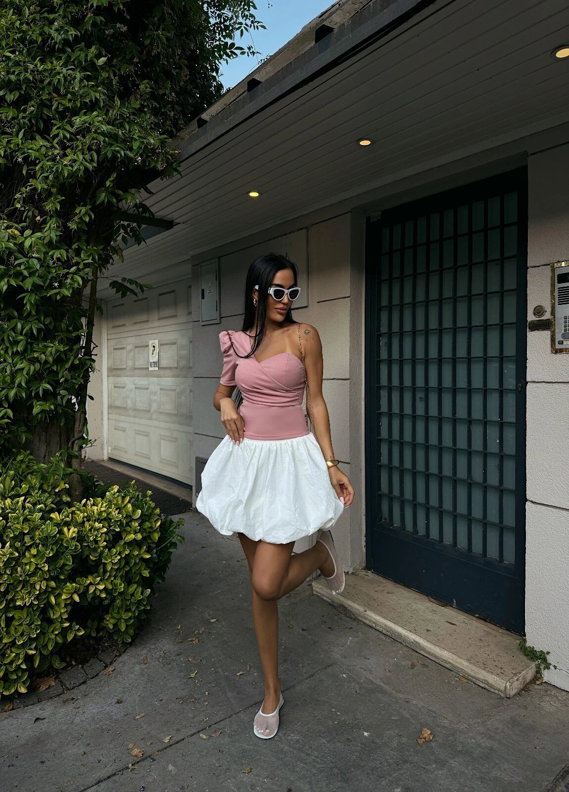 Pudra Tek Omuz Prenses Kol Crep Bluz