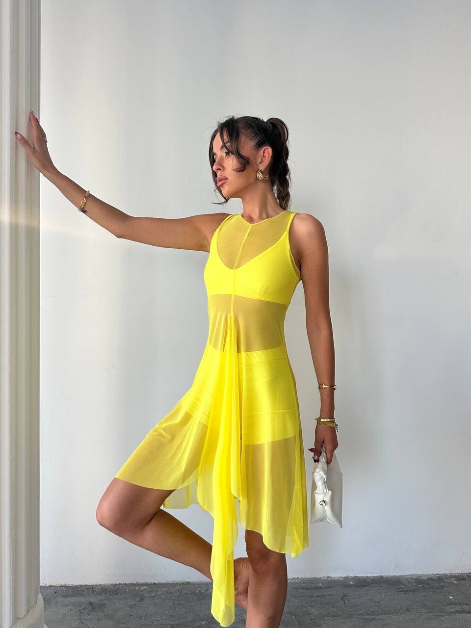 Sarı 3lü Üsttü Tül Pareo Takım