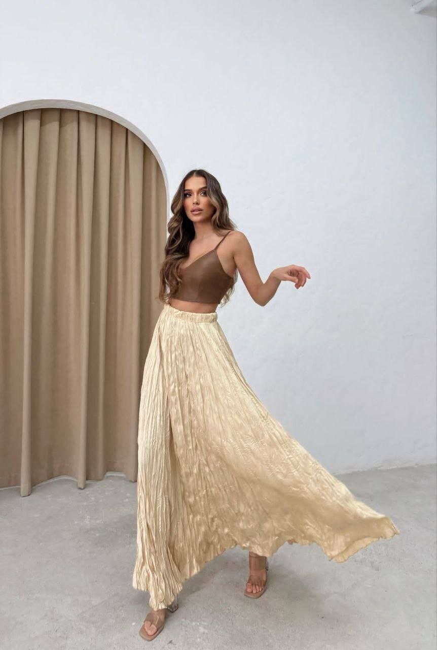 Saten Kumaş Piliseli Etek Bej