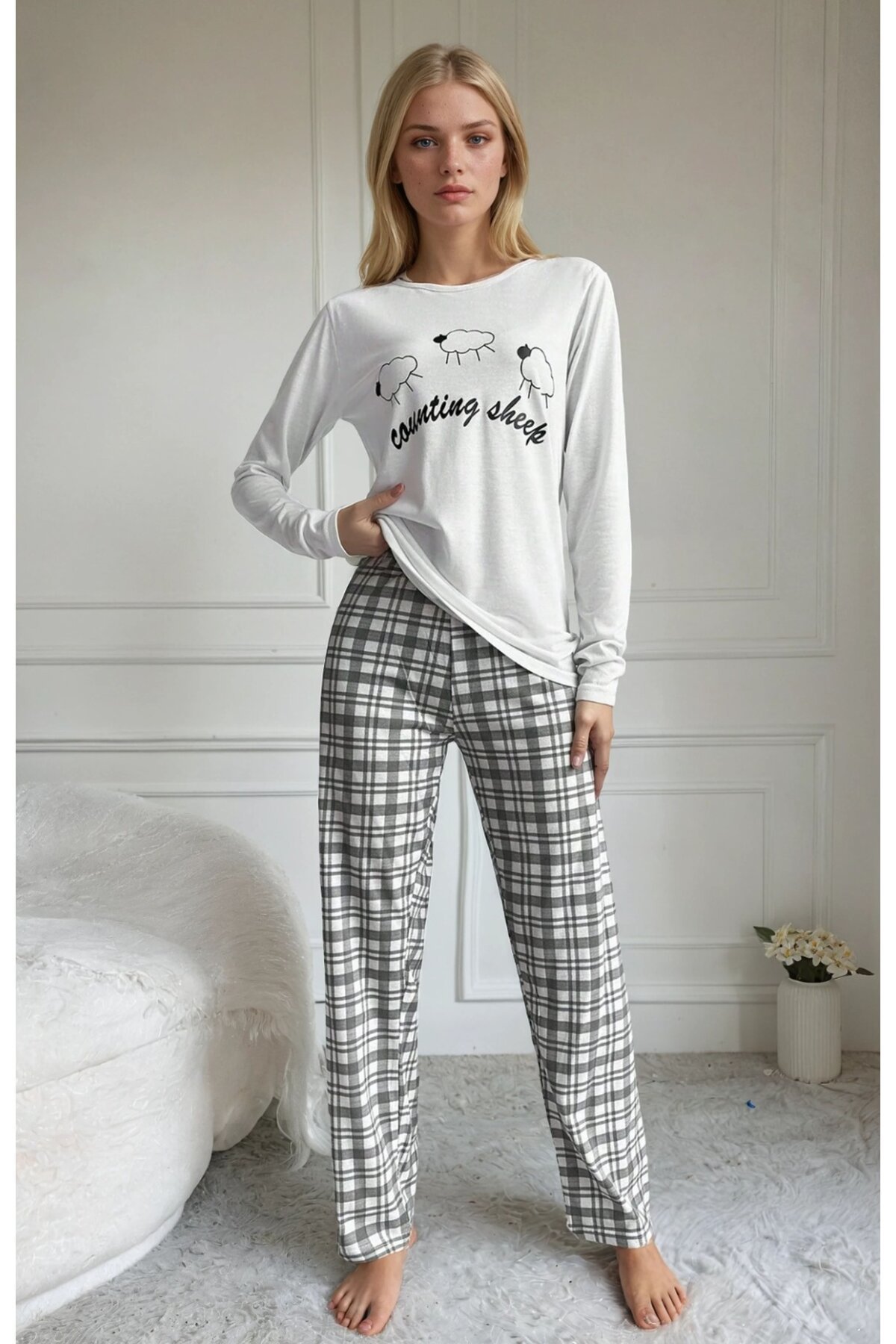 Sheep Baskılı Kareli Kadın Pijama Takımı
