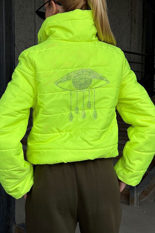 Sırtı Taş İşlemeli Crop Şişme Mont