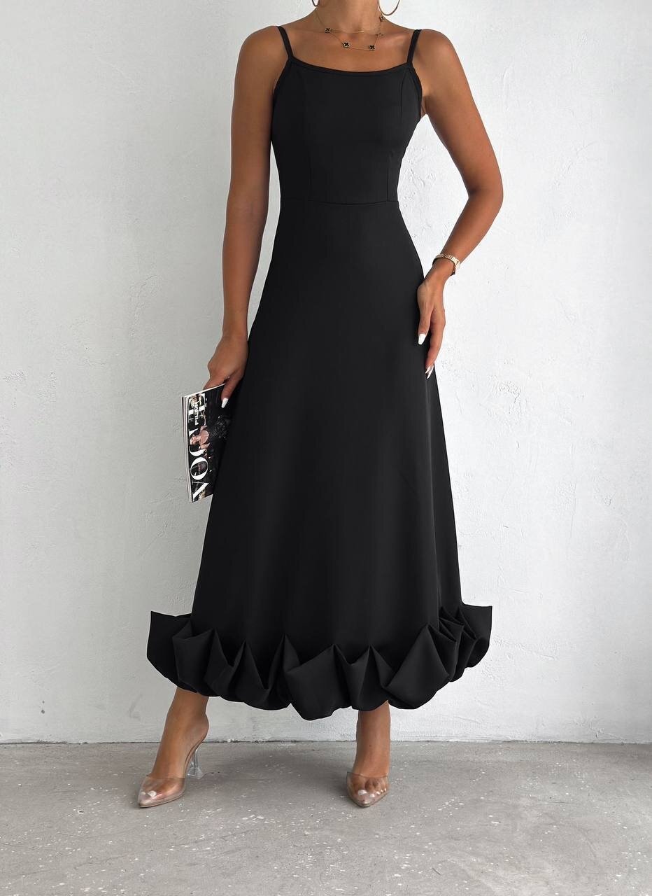 Siyah İthal Dabıl Kumaş Eteği Fırfırlı Elbise