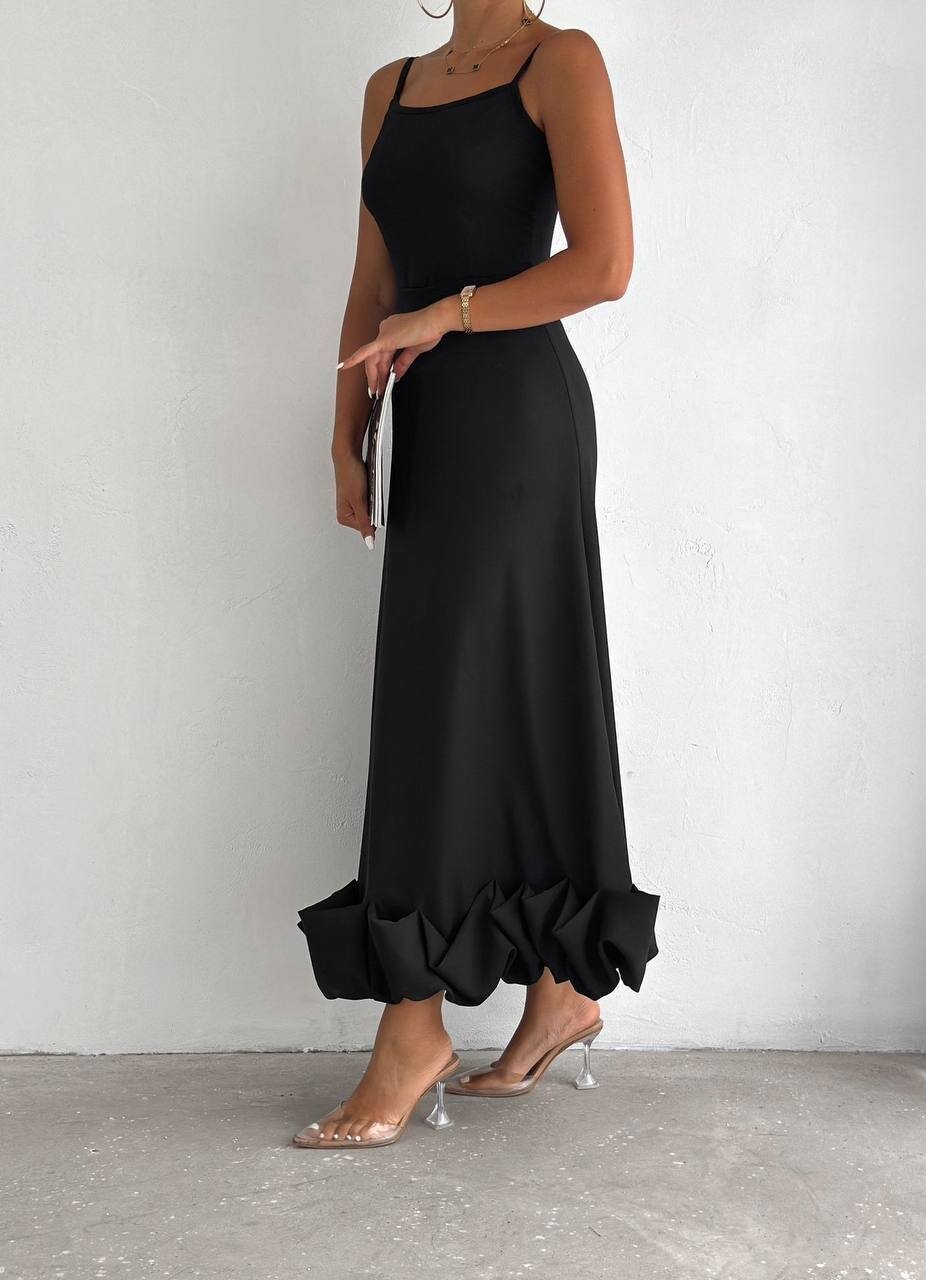 Siyah İthal Dabıl Kumaş Eteği Fırfırlı Elbise