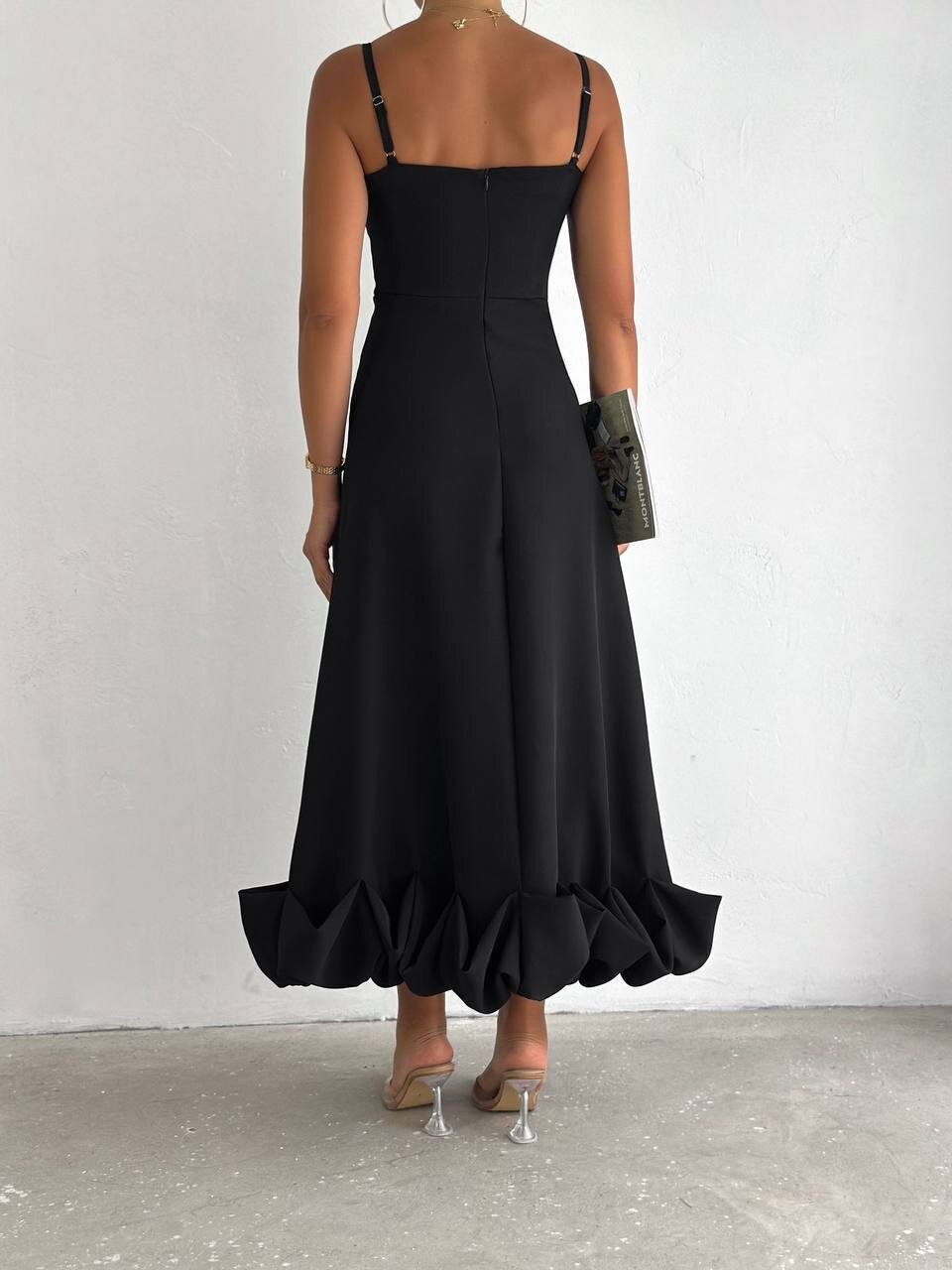 Siyah İthal Dabıl Kumaş Eteği Fırfırlı Elbise