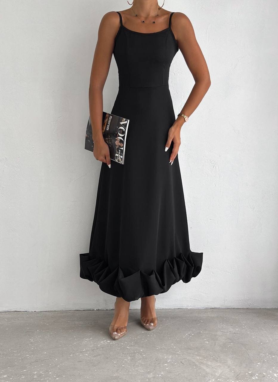 Siyah İthal Dabıl Kumaş Eteği Fırfırlı Elbise