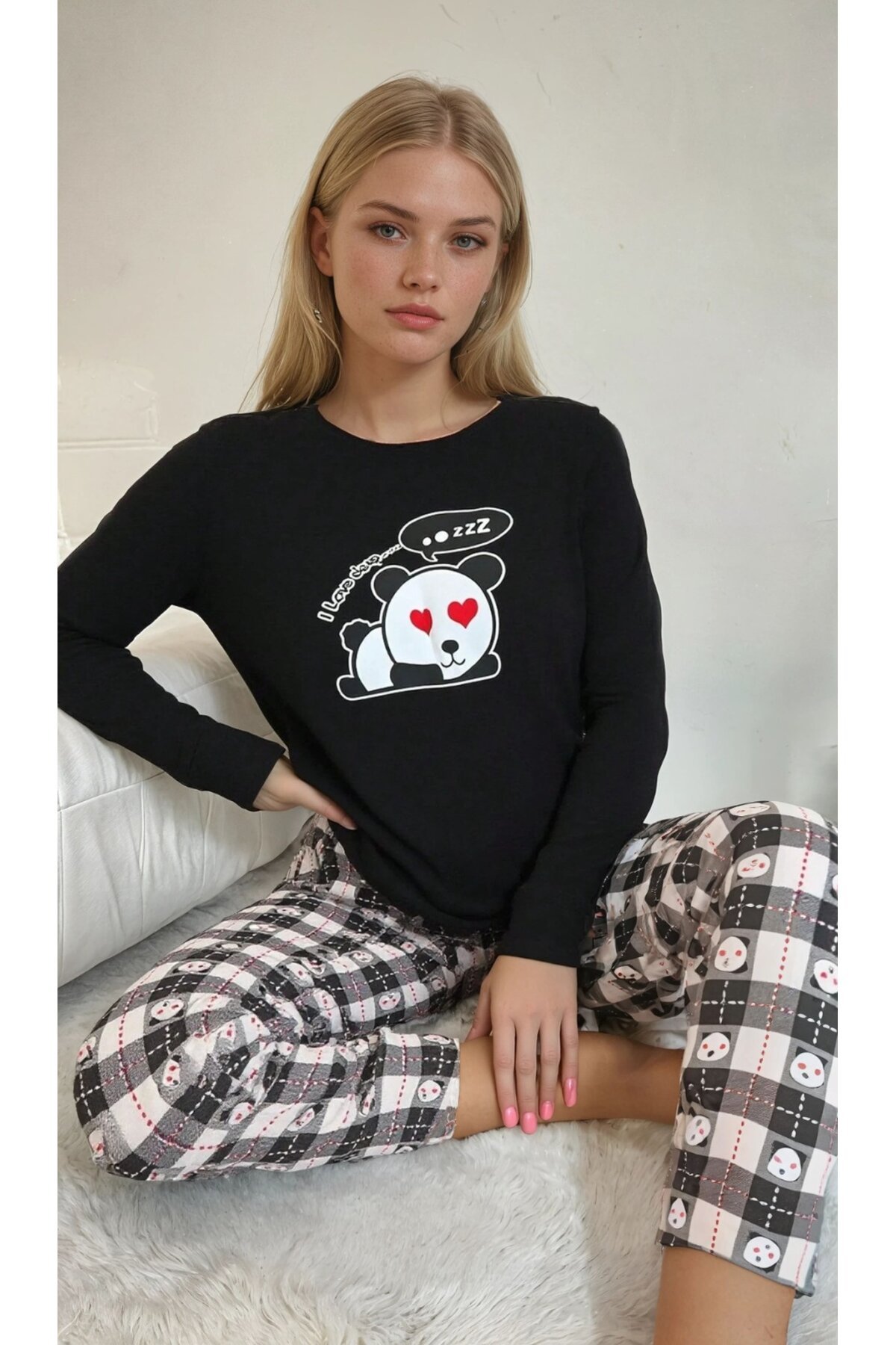 Siyah Panda Baskılı Uzun Kollu Pijama Takımı