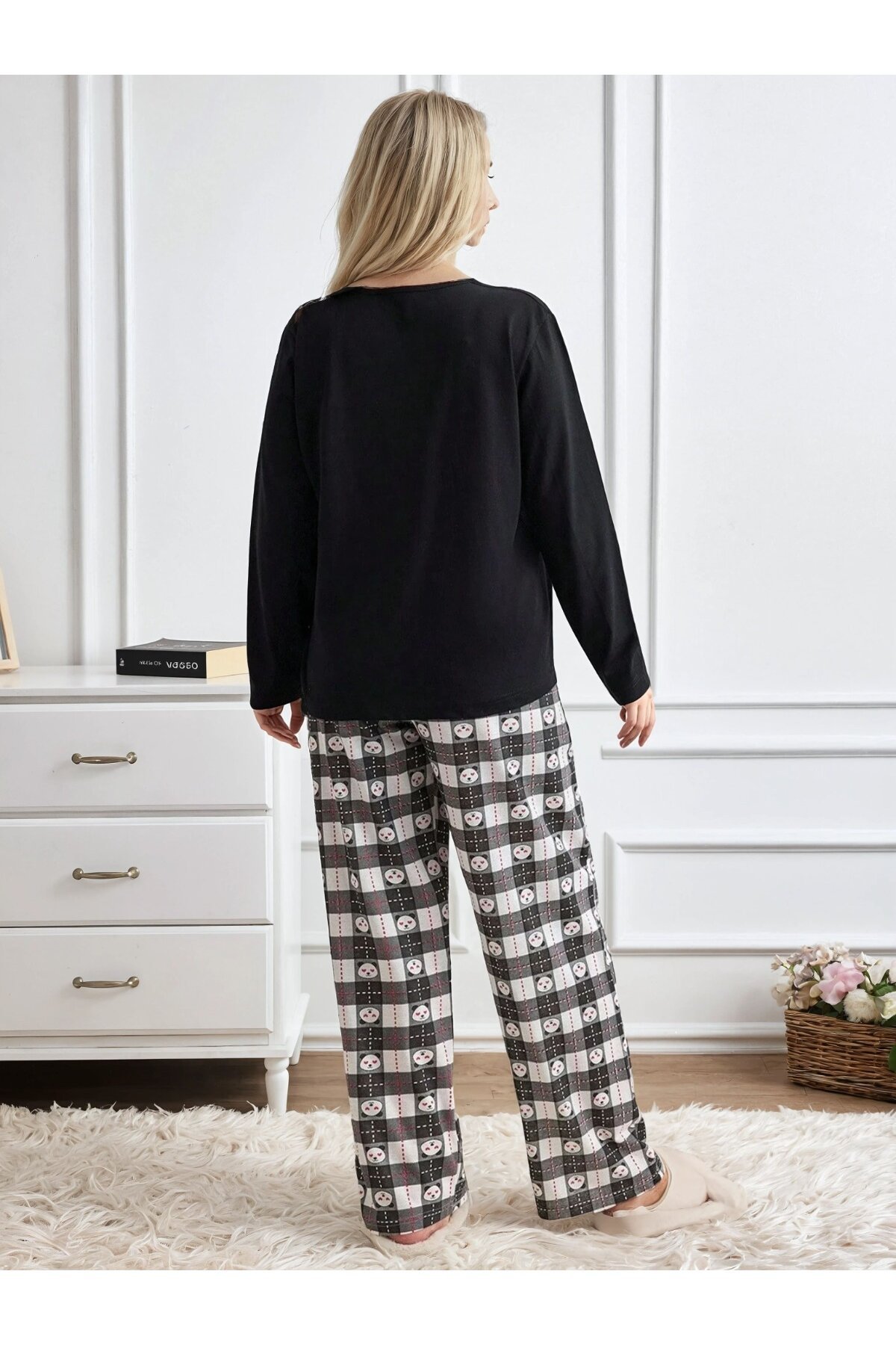 Siyah Panda Baskılı Uzun Kollu Pijama Takımı