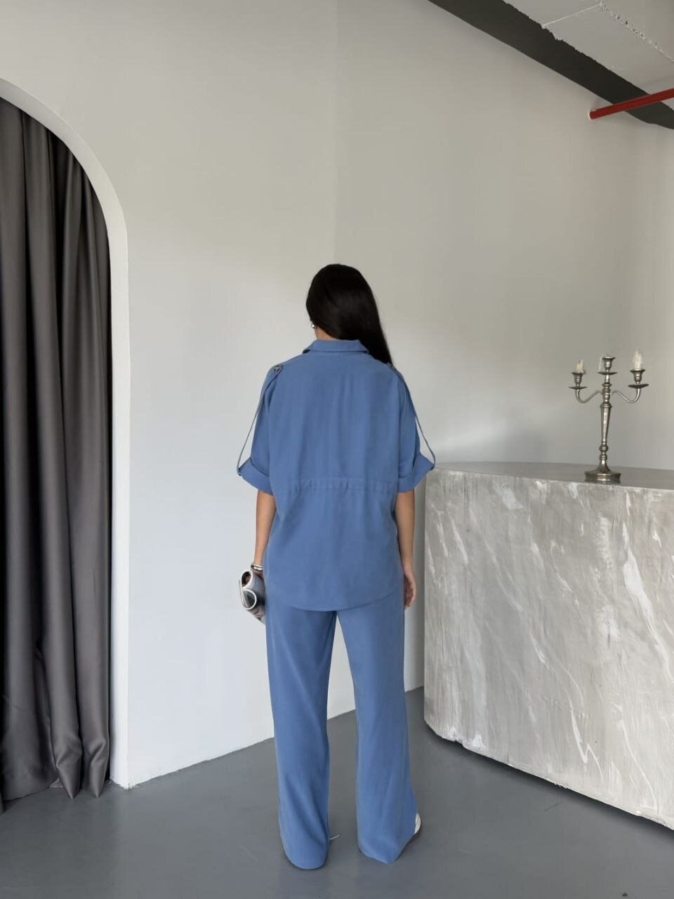 Tensel Kumaş Gömlek Pantalon Takım Mavi