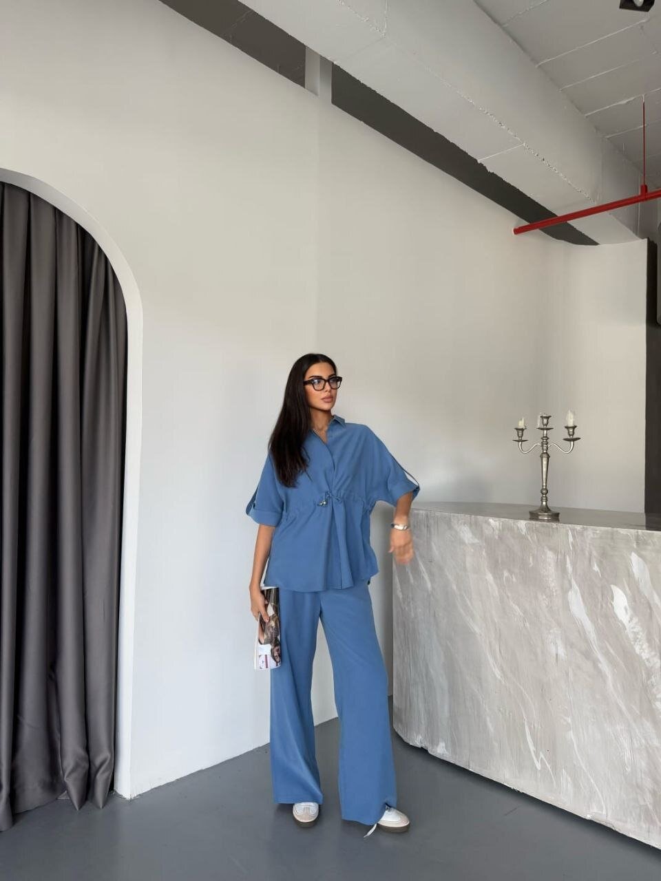 Tensel Kumaş Gömlek Pantalon Takım Mavi