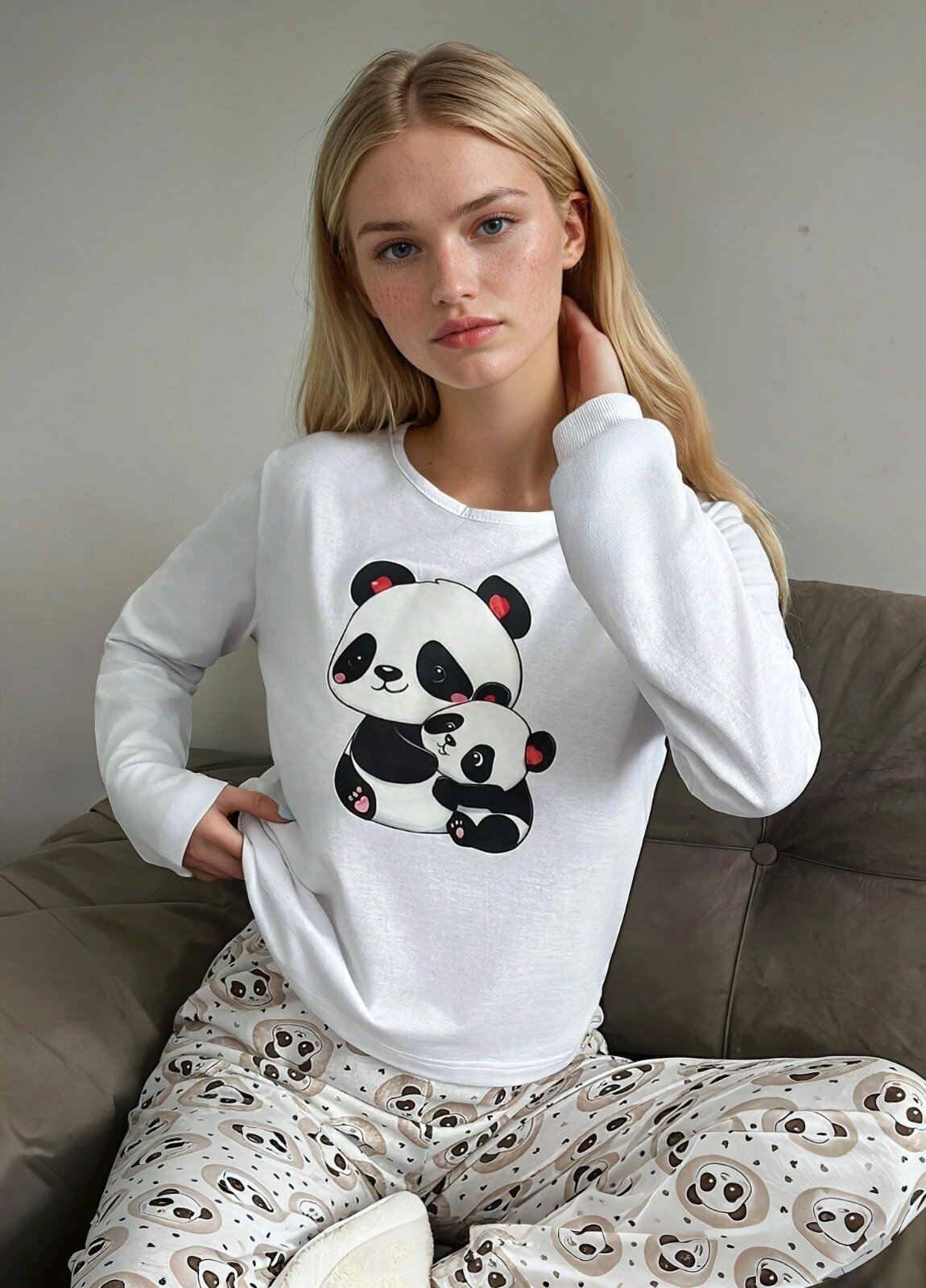 Uzun Kollu Panda Baskılı Pijama Takım