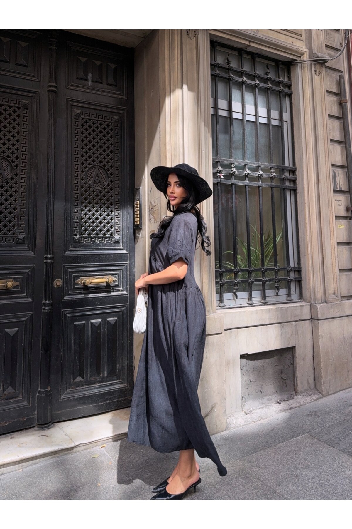 V Yaka Double Kol Siyah Salaş Elbise