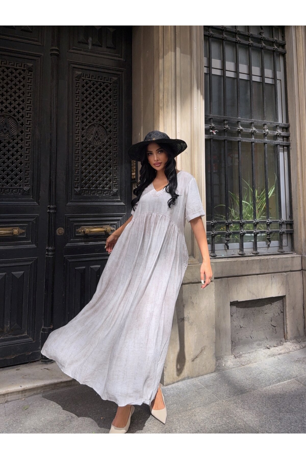 V Yaka Double Kol Siyah Salaş Elbise Ekru