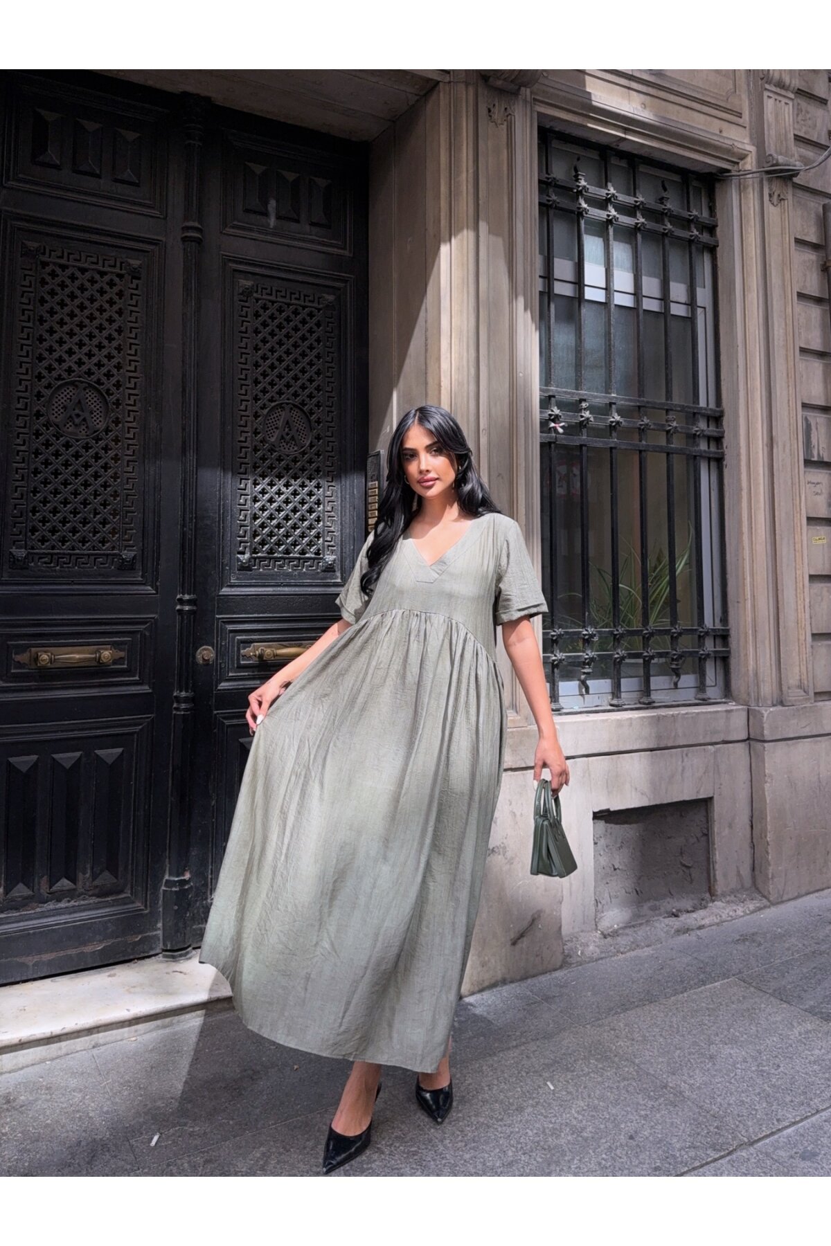 V Yaka Double Kol Siyah Salaş Elbise Haki