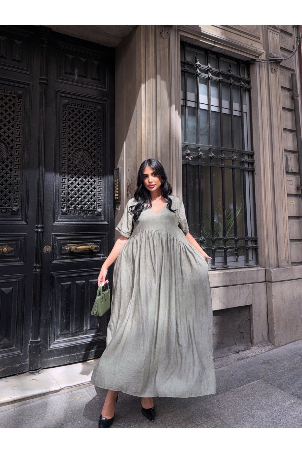 V Yaka Double Kol Siyah Salaş Elbise Haki