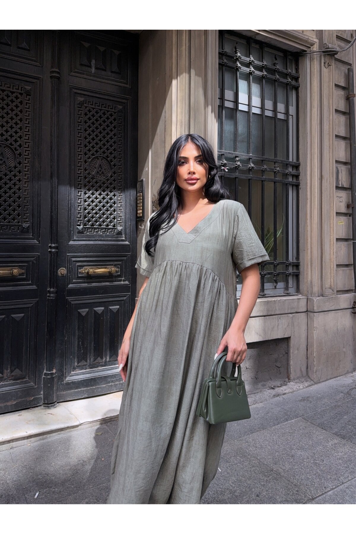 V Yaka Double Kol Siyah Salaş Elbise Haki