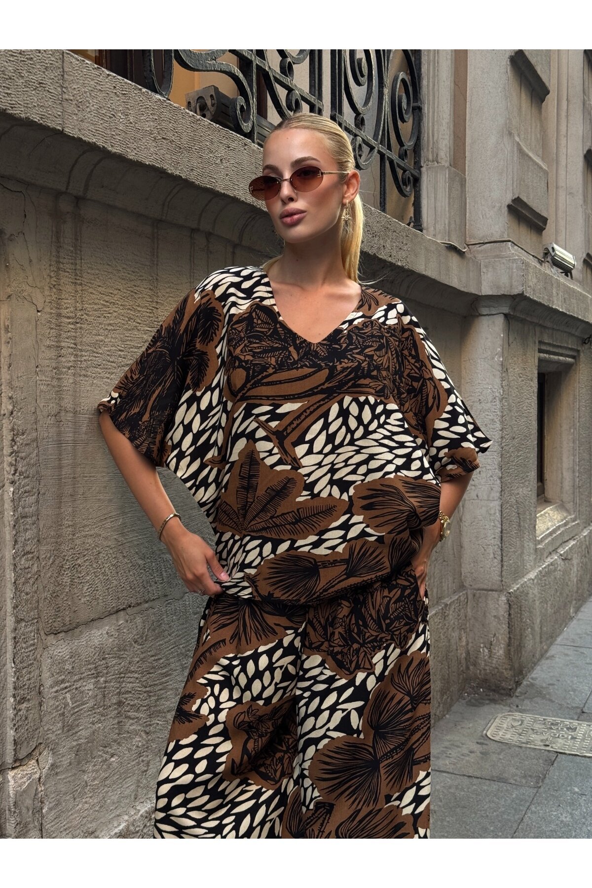 V Yaka Viskon Kumaş Bol Paça Alt Üst Takım