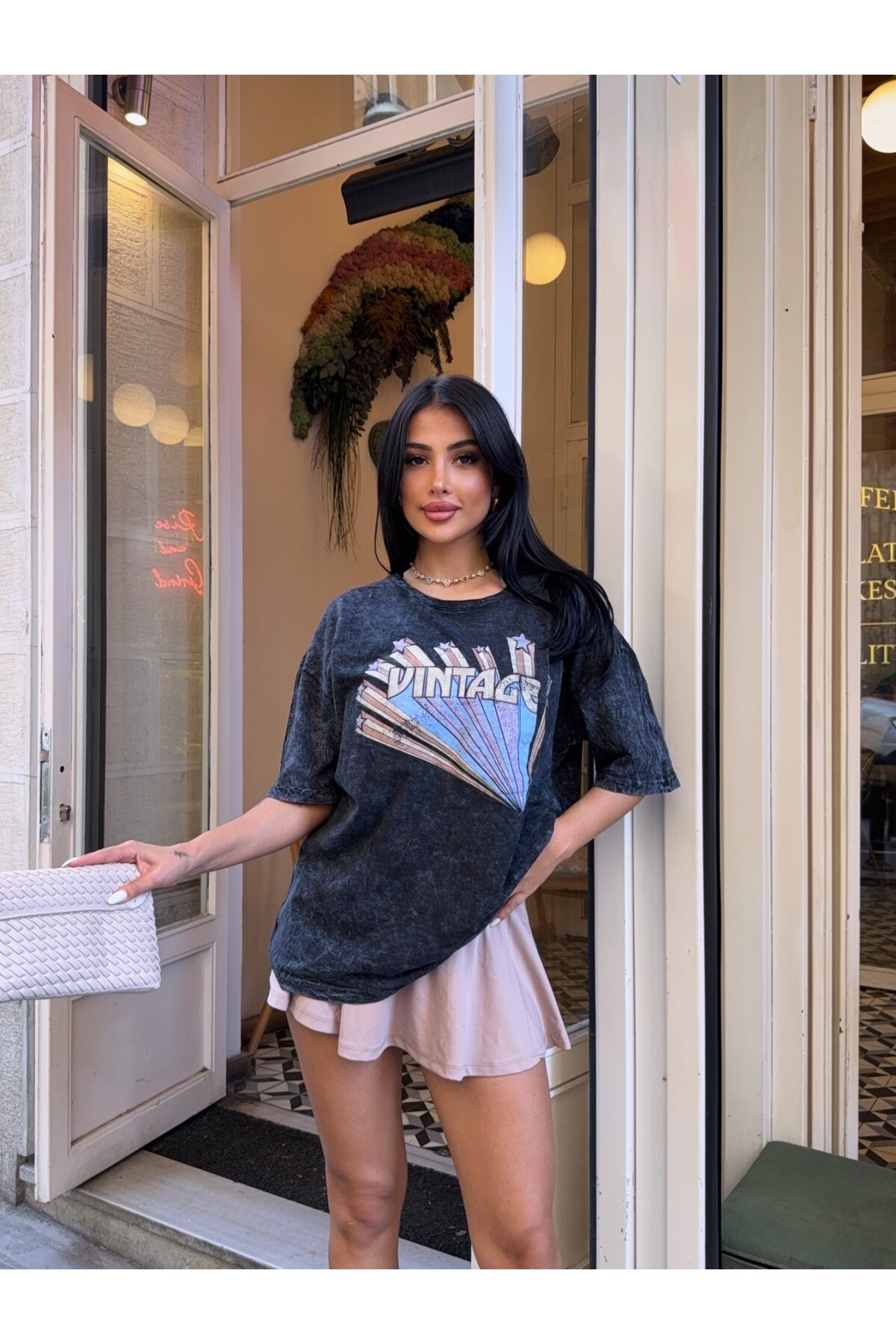 Vintage Baskılı Yıkamalı Oversize T-Shirt