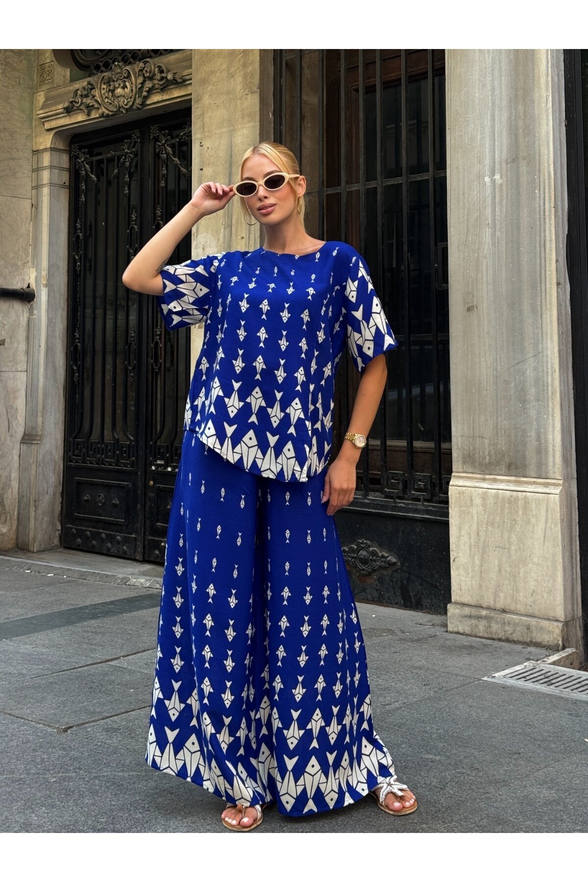 Viskon Kumaş Desenli Bol Paça Alt Üst Takım