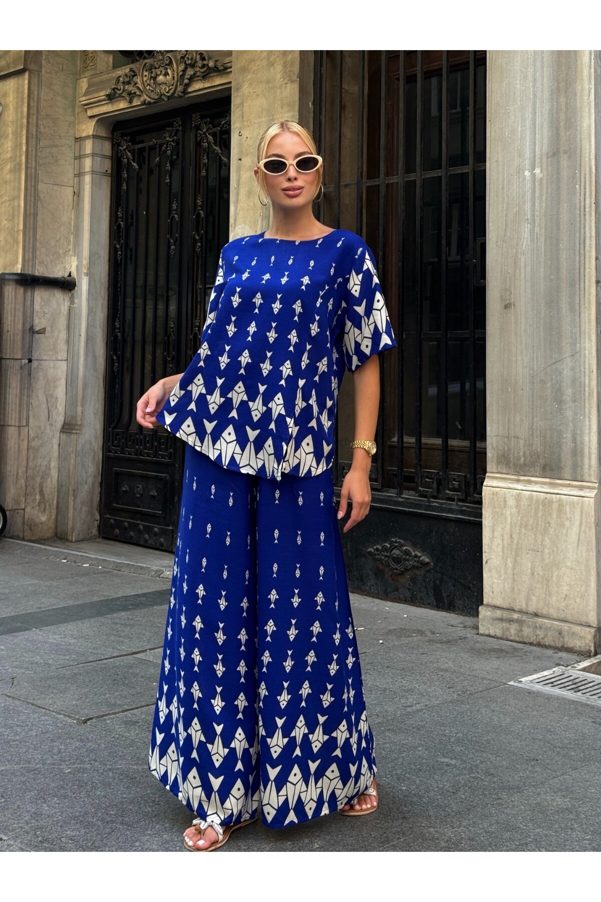 Viskon Kumaş Desenli Bol Paça Alt Üst Takım