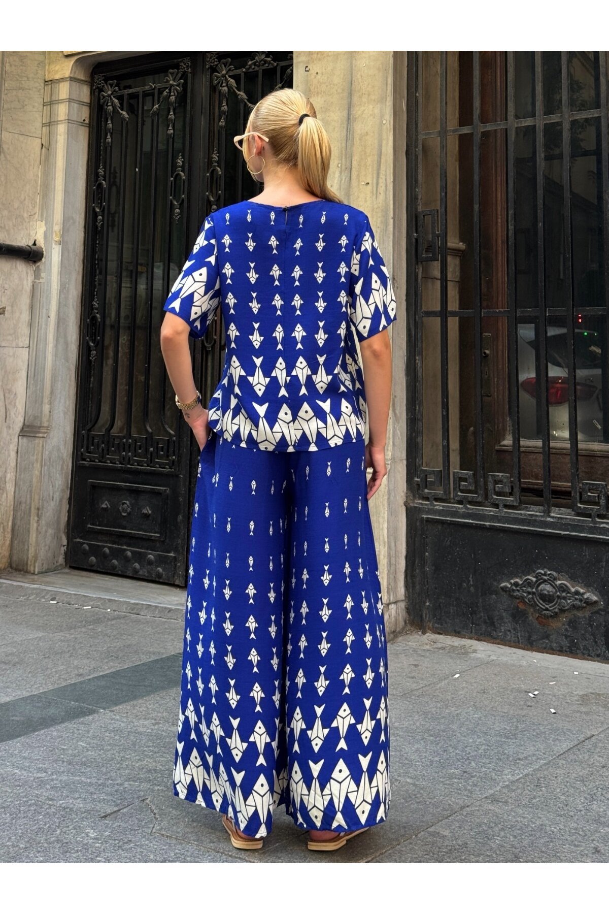 Viskon Kumaş Desenli Bol Paça Alt Üst Takım