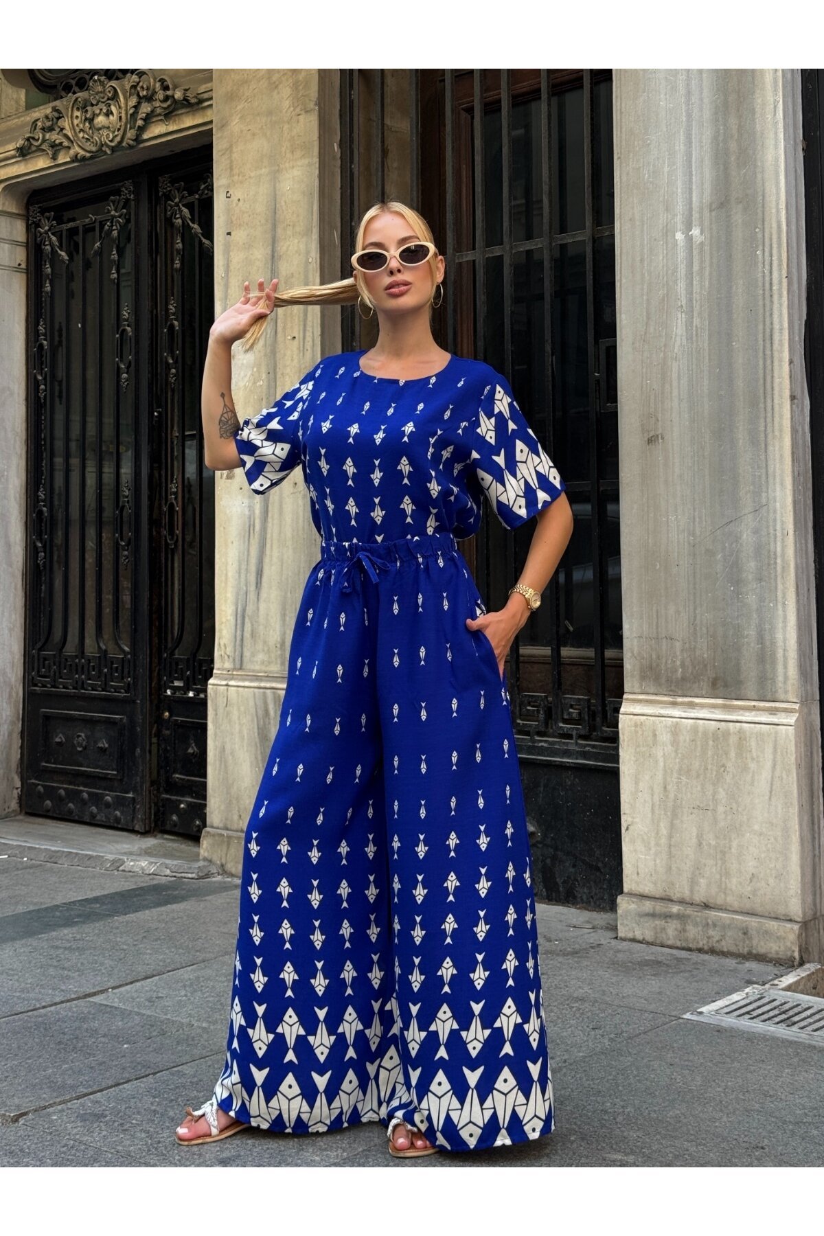 Viskon Kumaş Desenli Bol Paça Alt Üst Takım