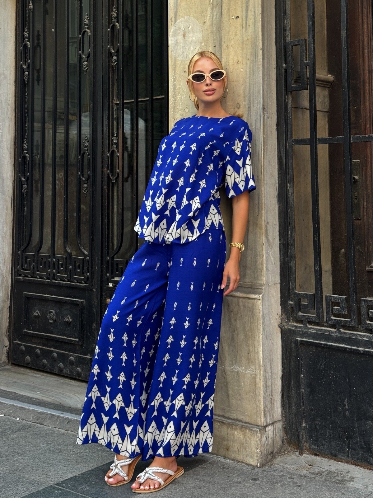 Viskon Kumaş Desenli Bol Paça Alt Üst Takım