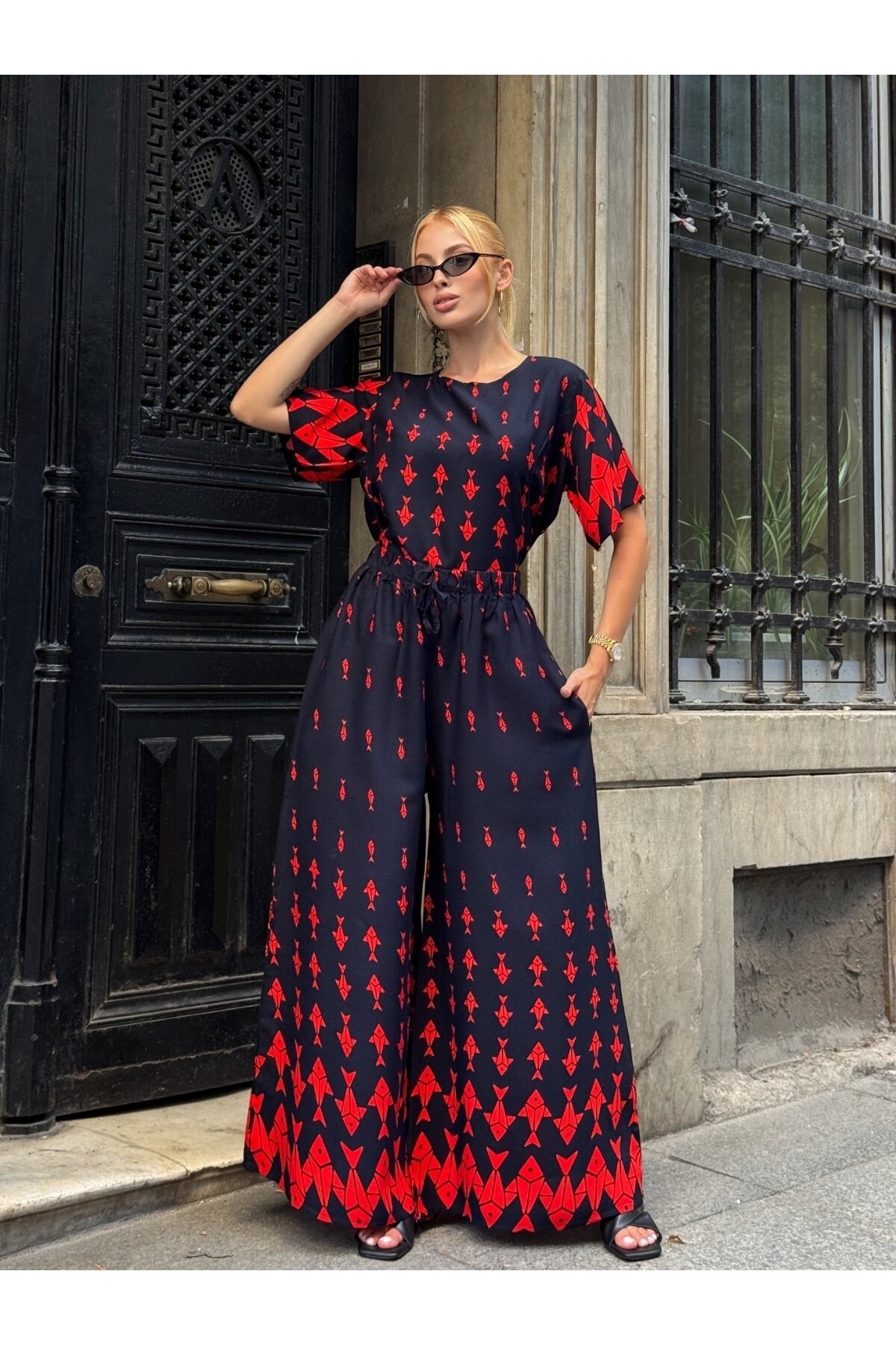 Viskon Kumaş Desenli Bol Paça Alt Üst Takım