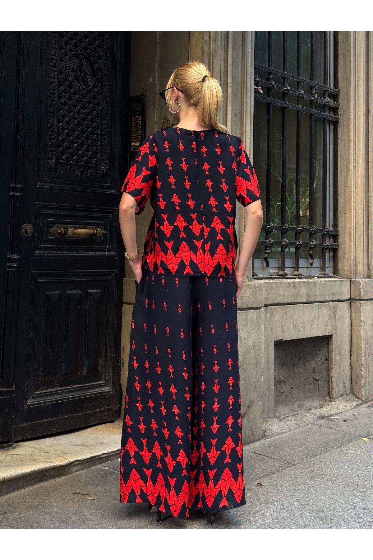 Viskon Kumaş Desenli Bol Paça Alt Üst Takım