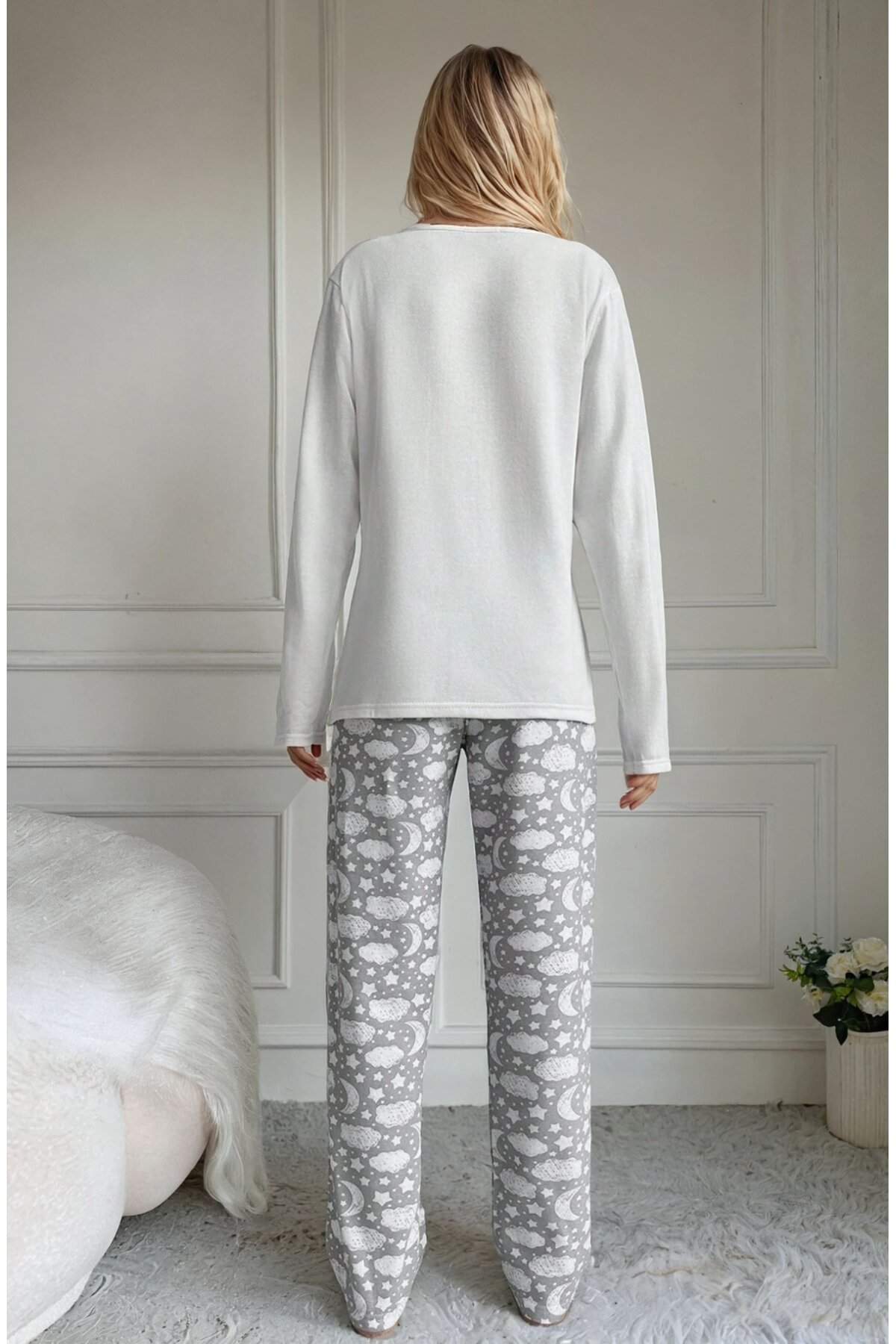 Witch Please Baskılı Uzun Kollu Üst  Gri Desenli Pijama Takımı