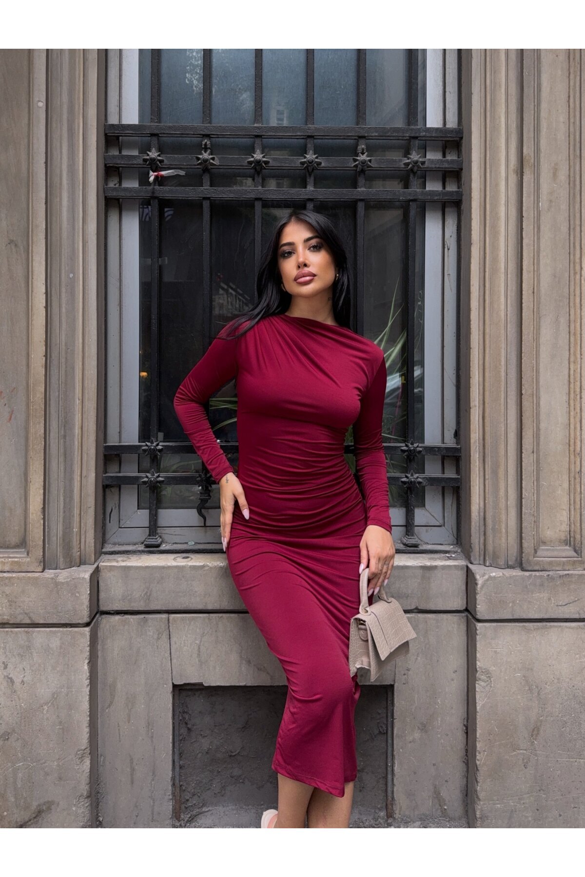 Yaka Detay Sandy Kumaş Elbise