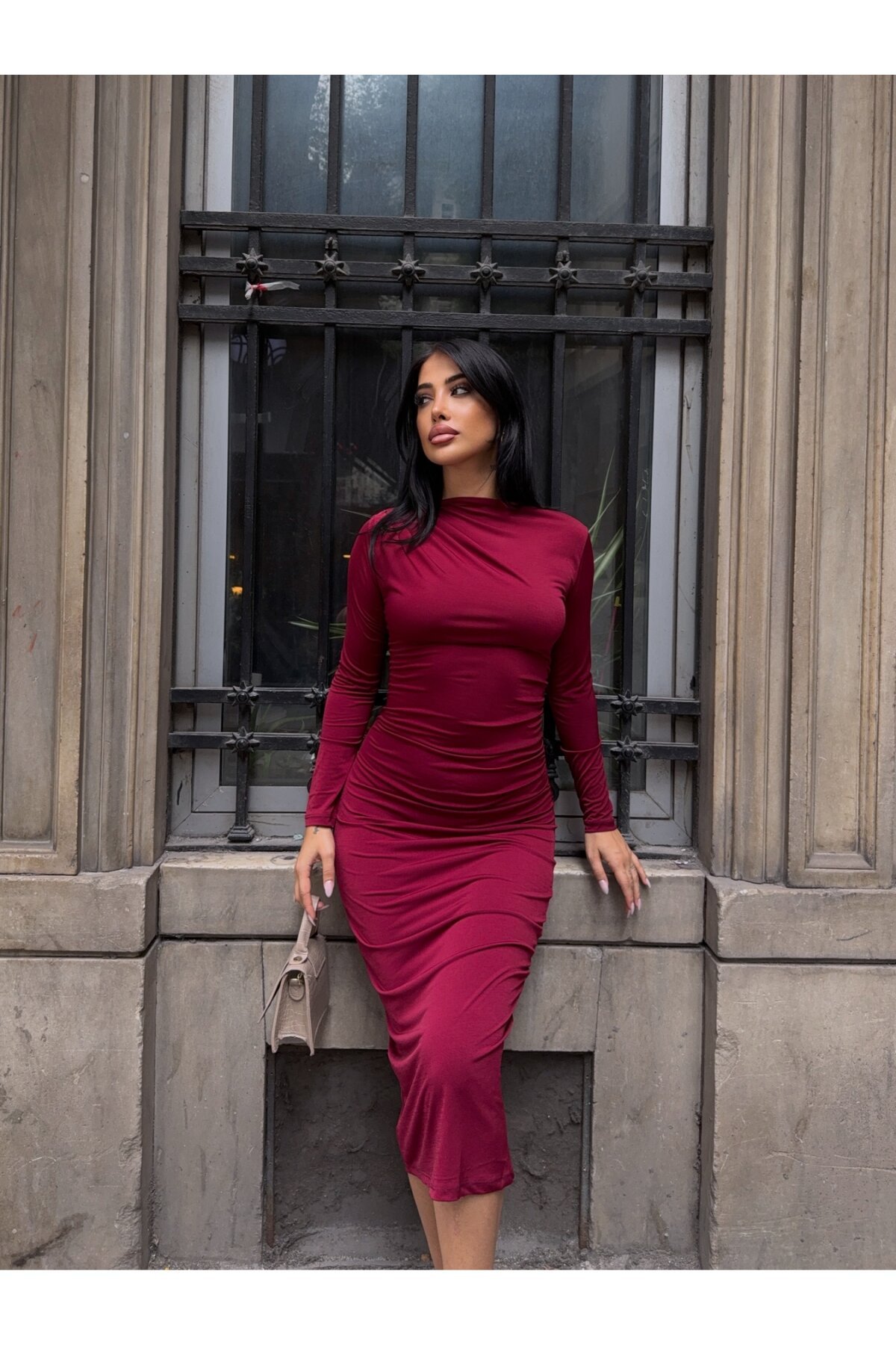 Yaka Detay Sandy Kumaş Elbise