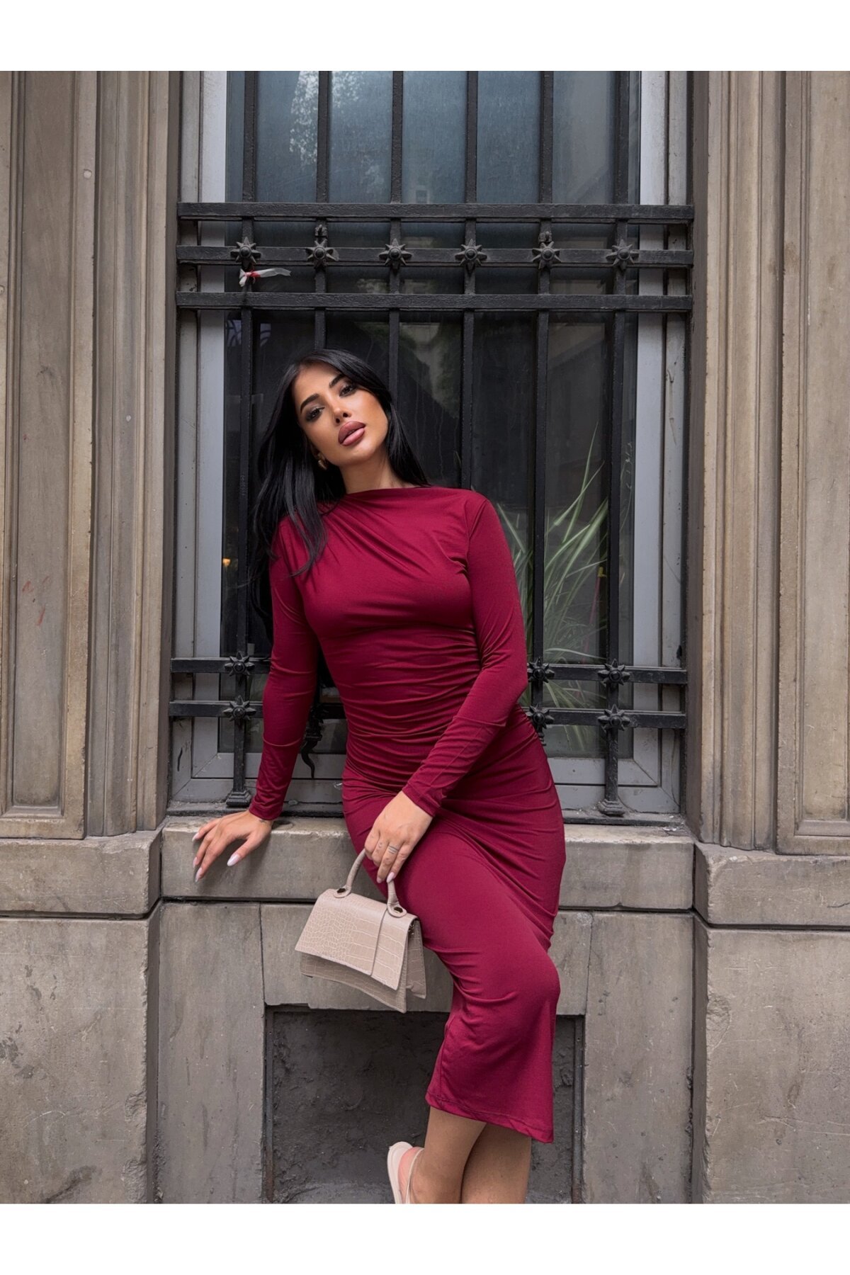 Yaka Detay Sandy Kumaş Elbise