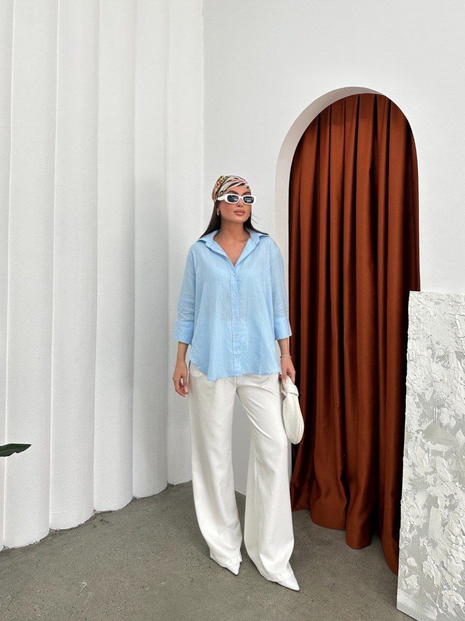 Yıkamalı Pamuk Keten Gömlek Mavi