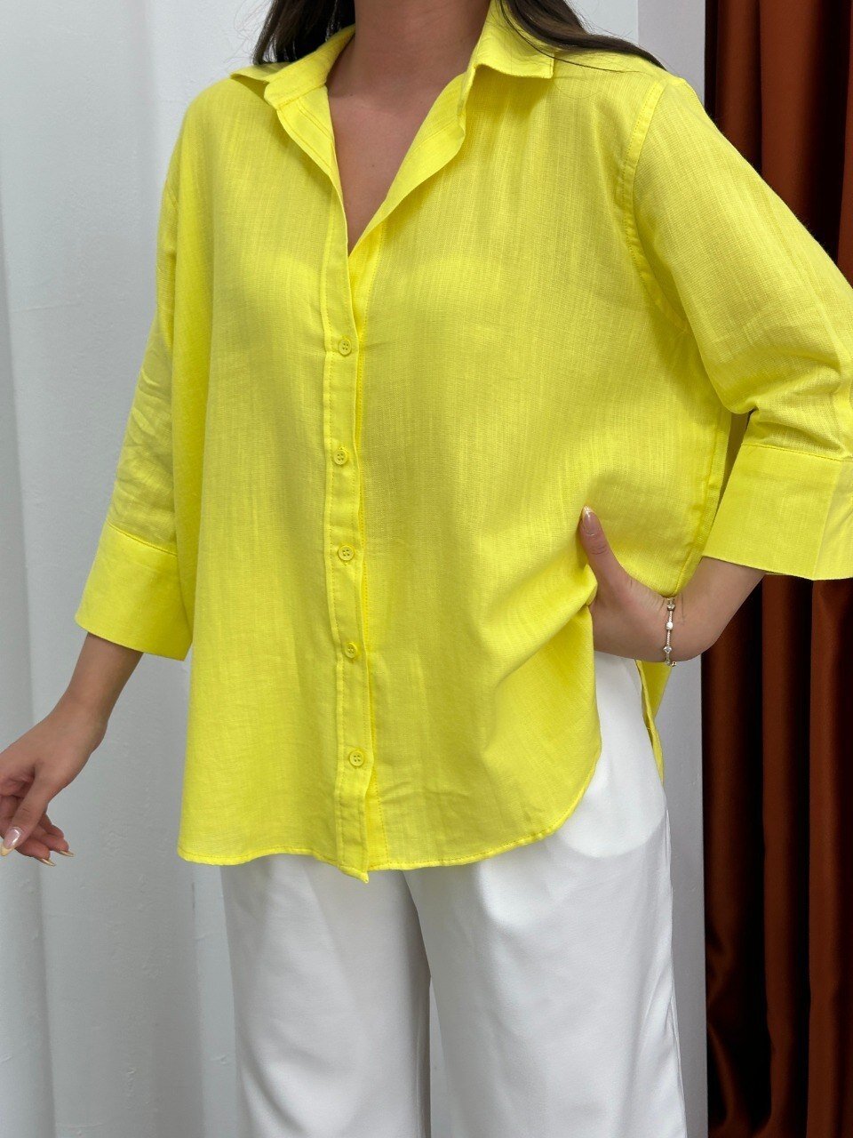 Yıkamalı Pamuk Keten Gömlek Sarı