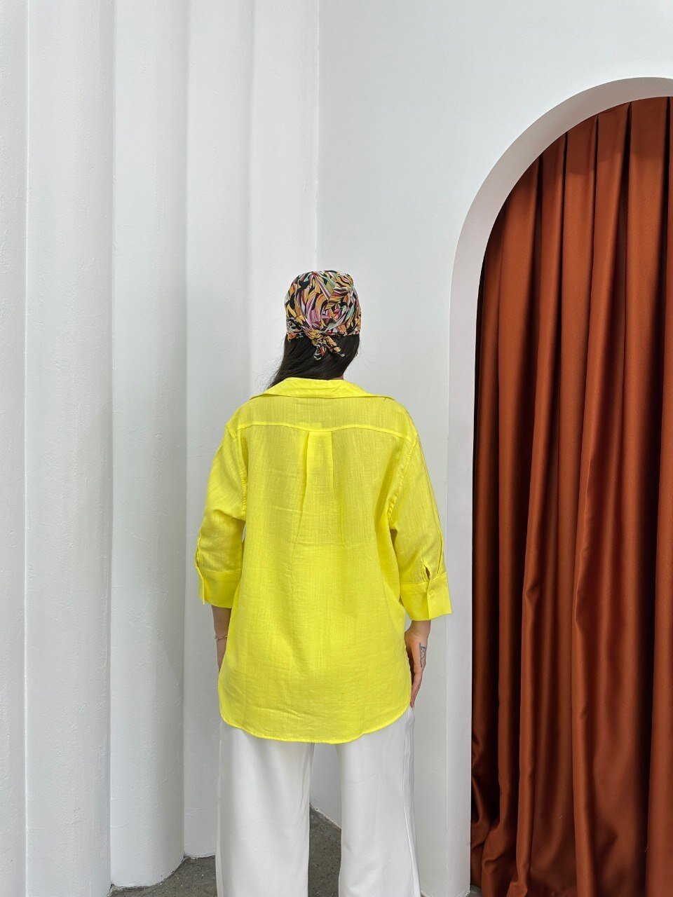 Yıkamalı Pamuk Keten Gömlek Sarı