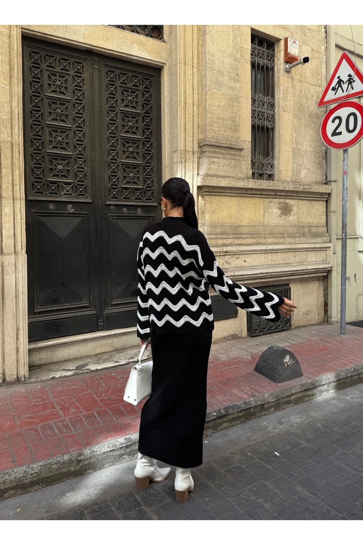 Zigzak Desenli Kazak Ve Elbise Triko Takım Siyah