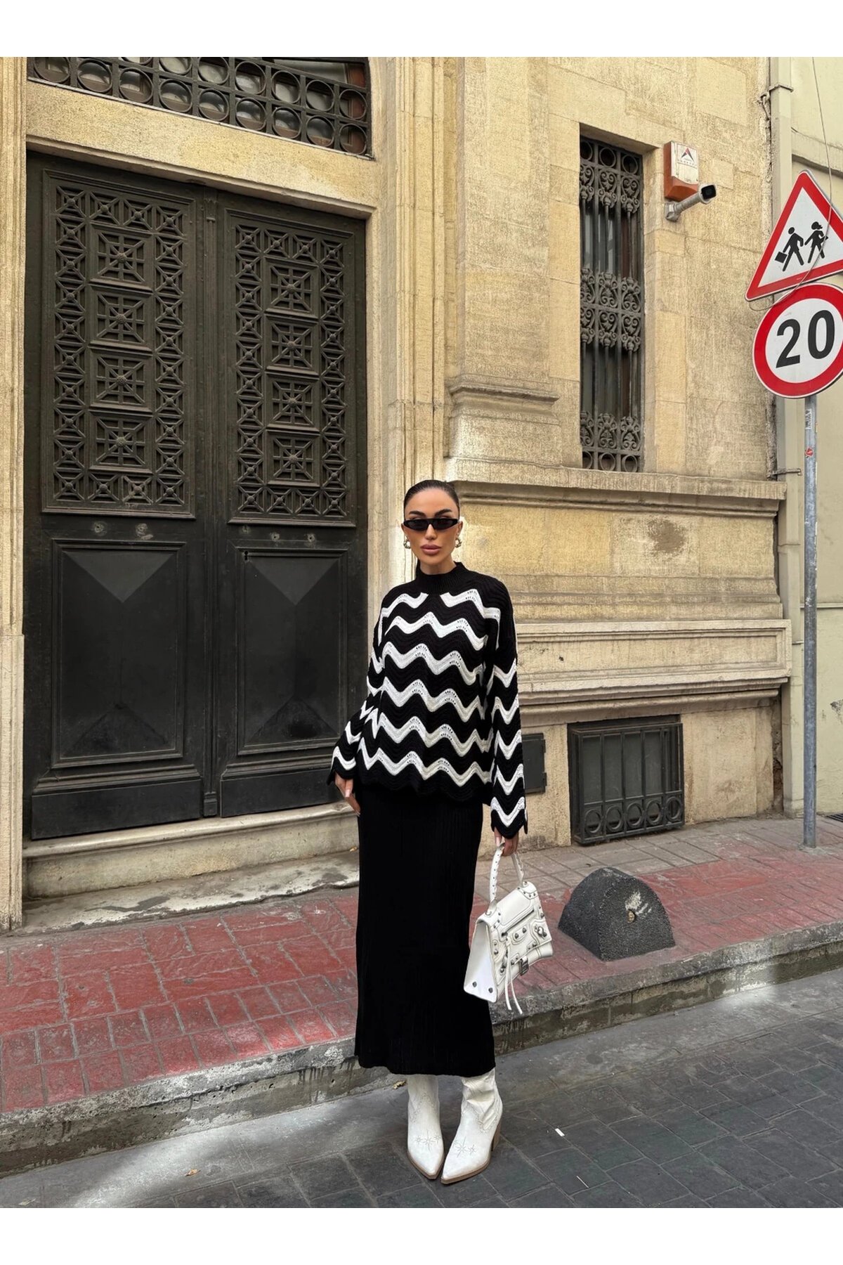 Zigzak Desenli Kazak Ve Elbise Triko Takım Siyah