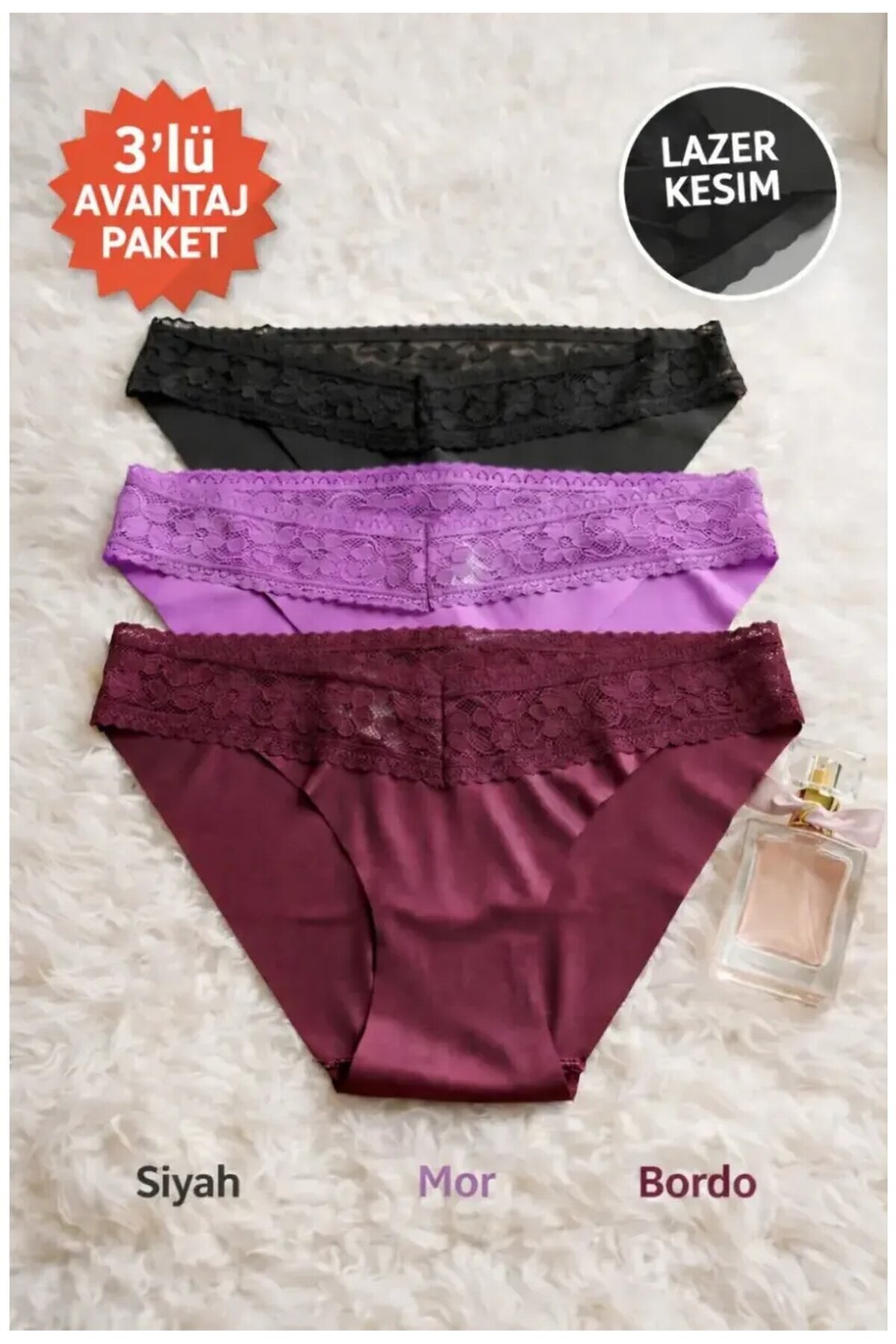 3lü Pamuklu Dantelli Dikişsiz Külot Siyah Bordo