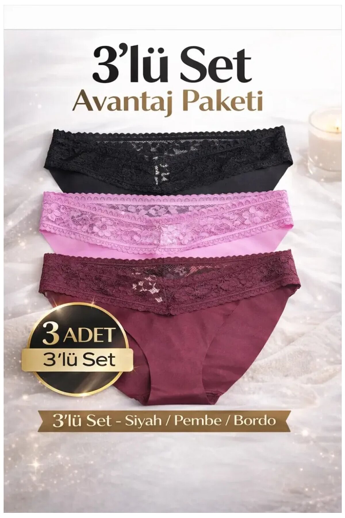 3lü Pamuklu Dantelli Dikişsiz Külot Siyah Bordo