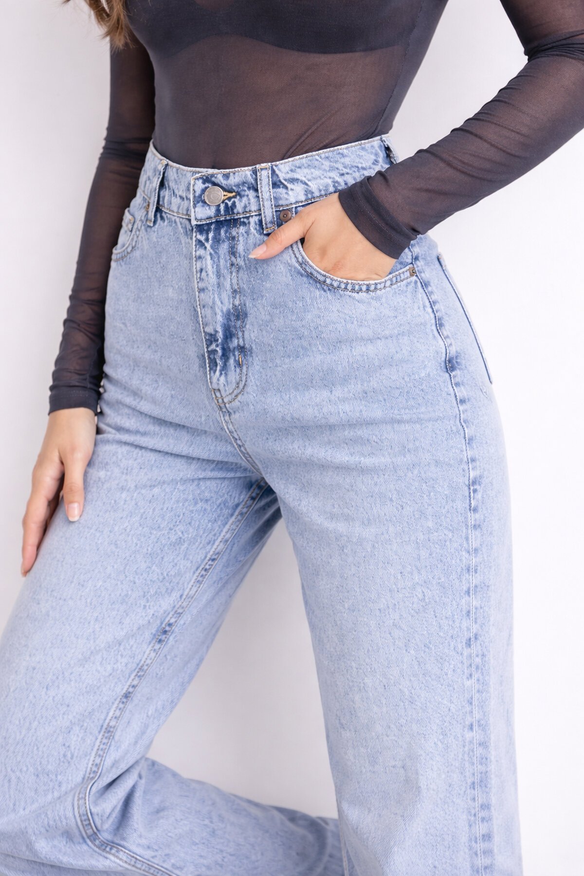 Açık Mavi Uzun Geniş Paça Jean