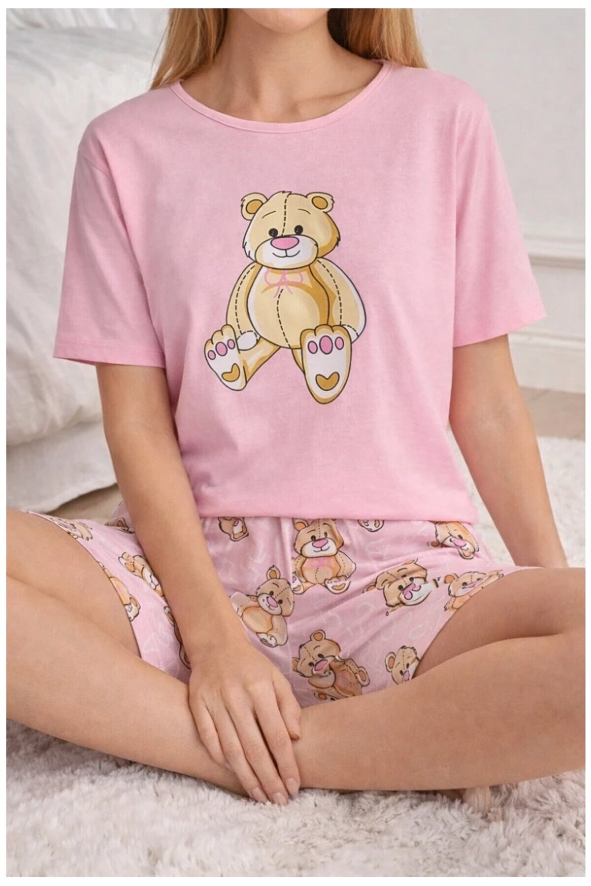 Ayıcık Baskılı Şortlu Kadın Pijama Takımı Pembe