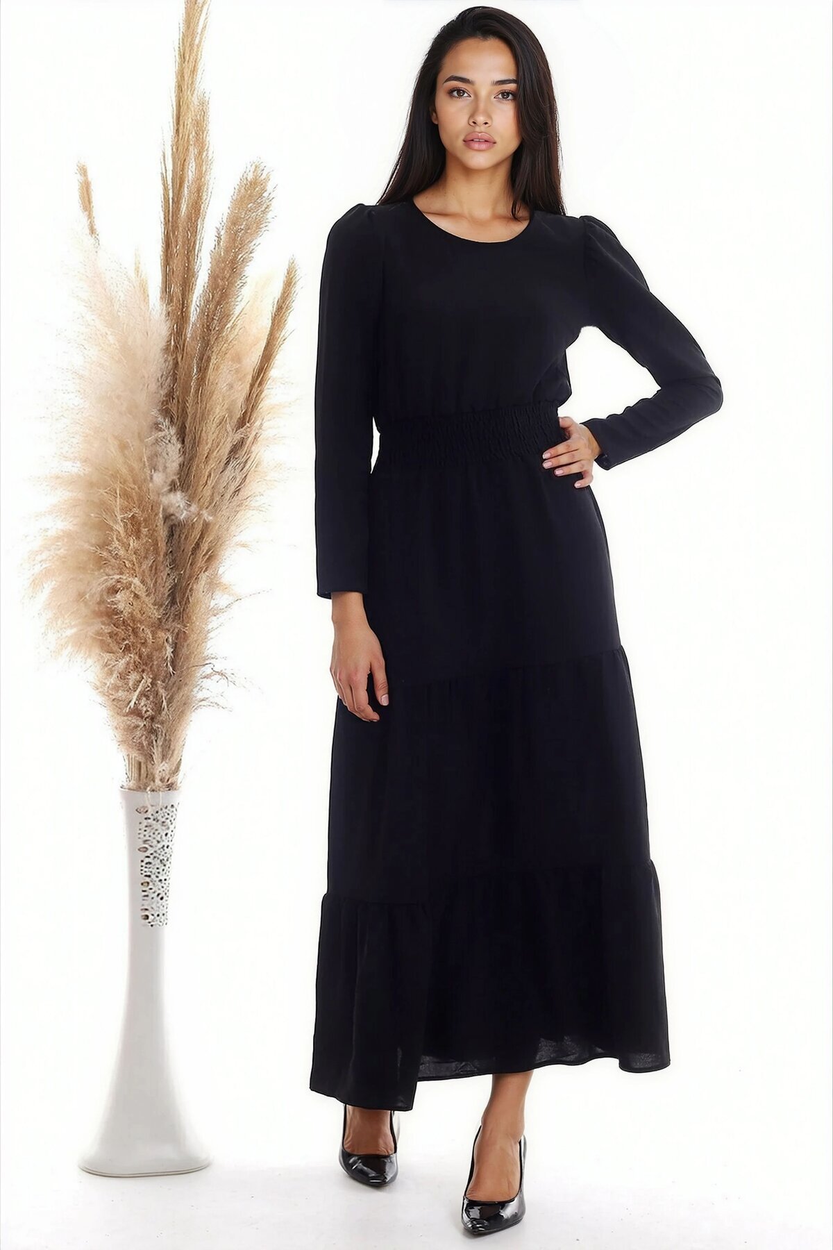 Ayrobin Beli Gipeli Uzun Kol Uzun Elbise SIYAH